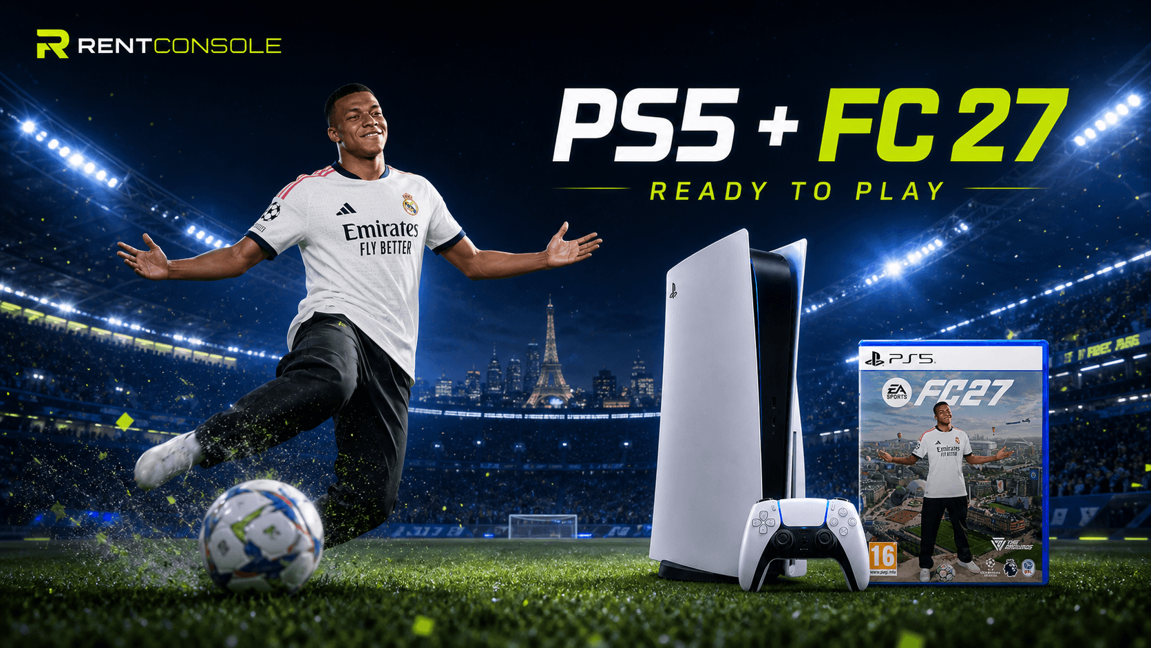 PS5 and FC 27 promotional banner in a floodlit football stadium.