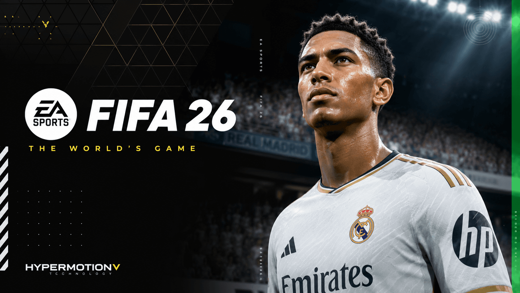 FIFA 26 promotional banner with a footballer striking the ball under stadium floodlights.
